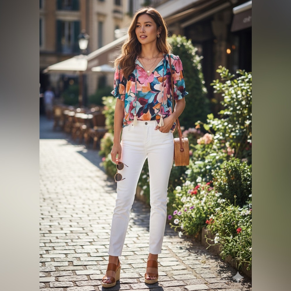 THML Floral Flutter Sleeve Blouse - Size Small - Multi-Color Tassel V-Neck - Picture 9 of 9